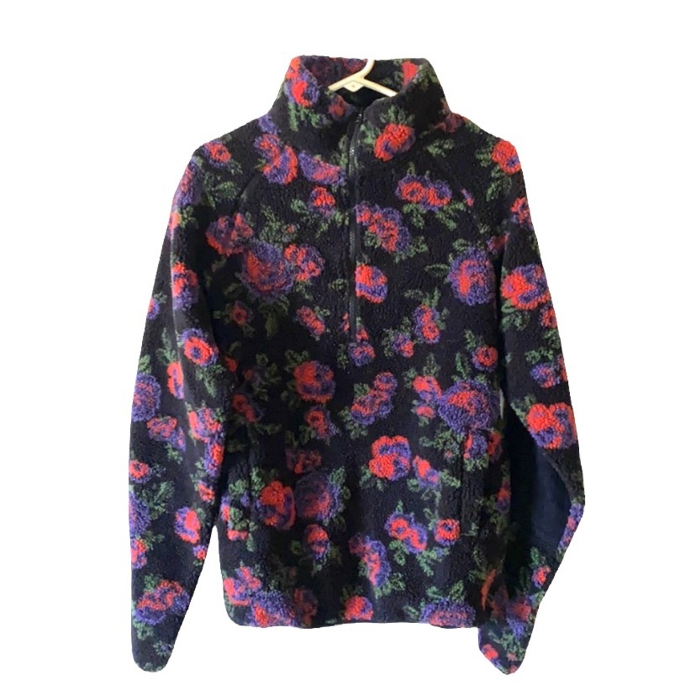 Urban Outfitters Floral Sherpa Teddy Jacket Coat Pullover Black Red Green Size M